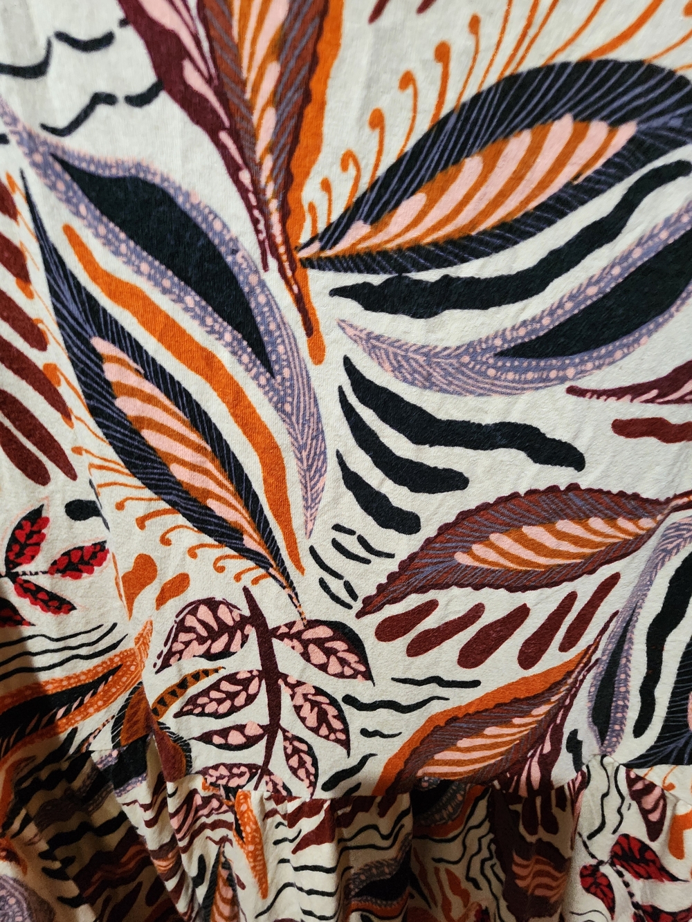 Tahari Cream Leaf-Print Tiered Mini Dress with Orange and Brown Accents - Picture 2 of 6